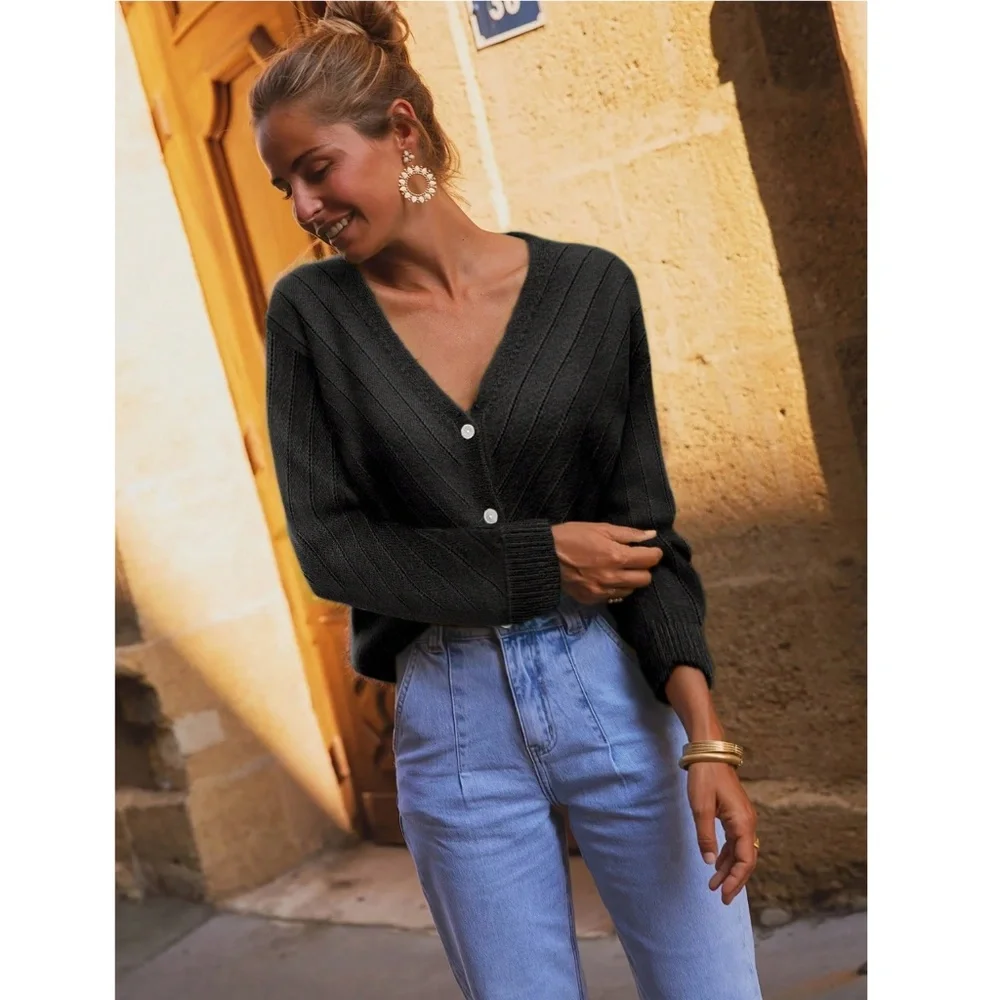 V-Cut Buttoned Down Black  Knit Cardigan Textured, Long Sleeve - Picture 4 of 7